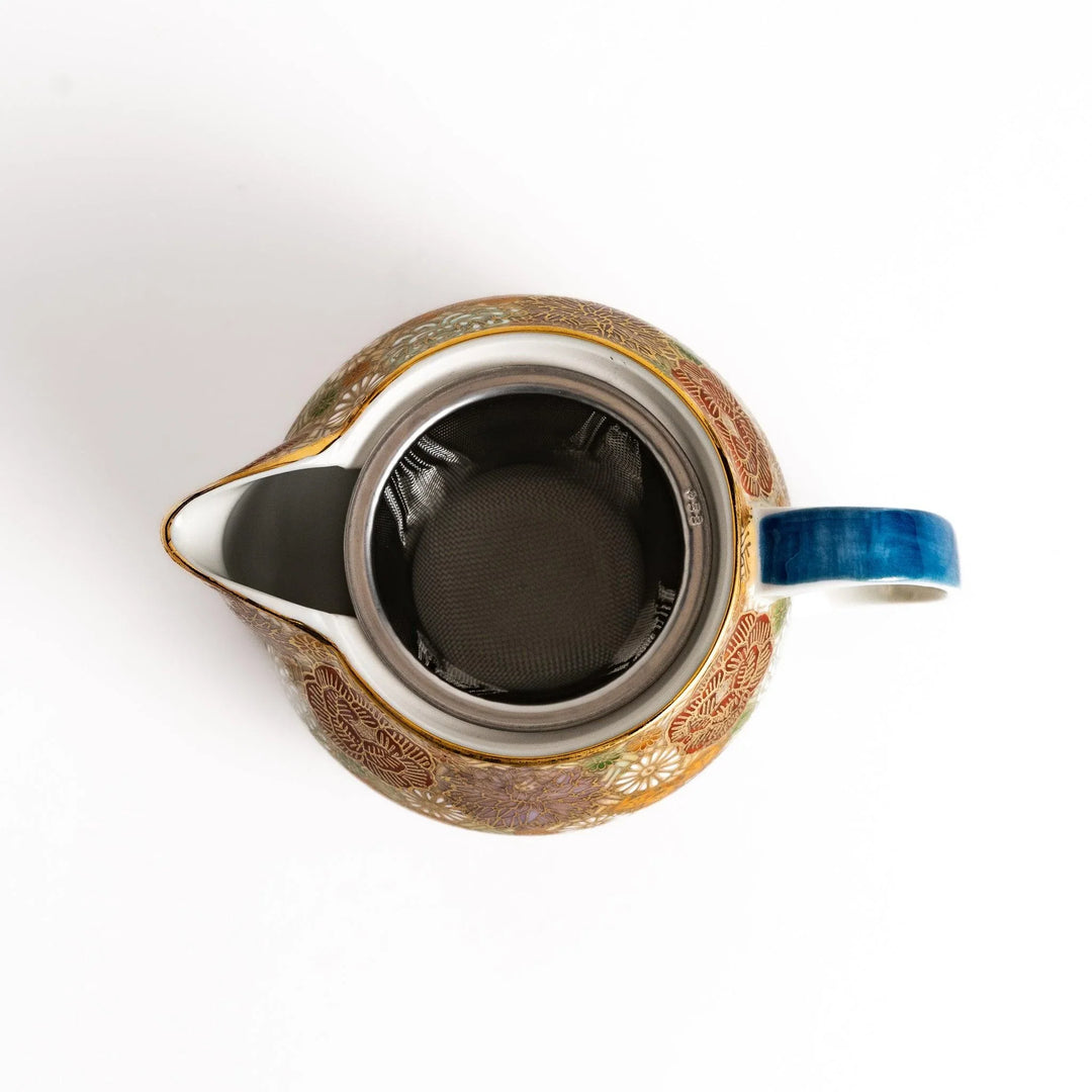 Ceramic teapot with floral pattern in gold and pastels classic design ideal for brewing Japanese tea.