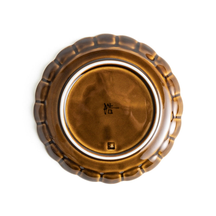 Round, dark brown or olive colored dessert plate with a scalloped edge, featuring a glossy finish.