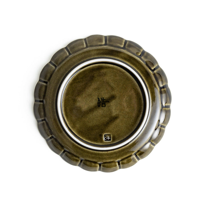 Round, dark brown or olive colored dessert plate with a scalloped edge, featuring a glossy finish.