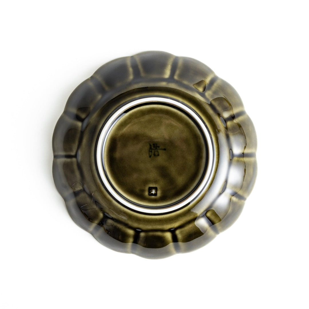 Cereal bowl with scalloped edges and a glossy dark brown or olive finish.