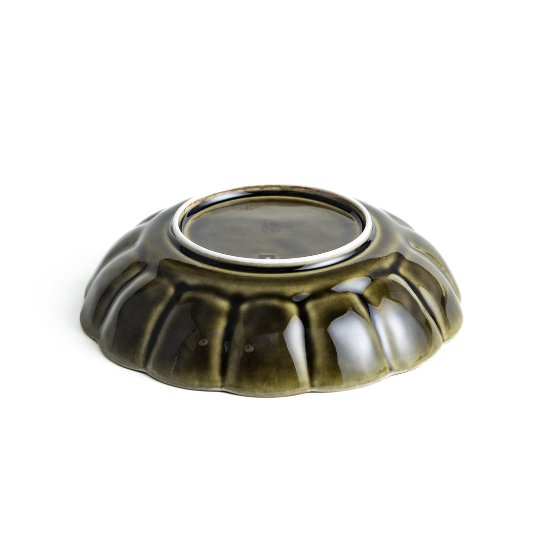 Cereal bowl with scalloped edges and a glossy dark brown or olive finish.