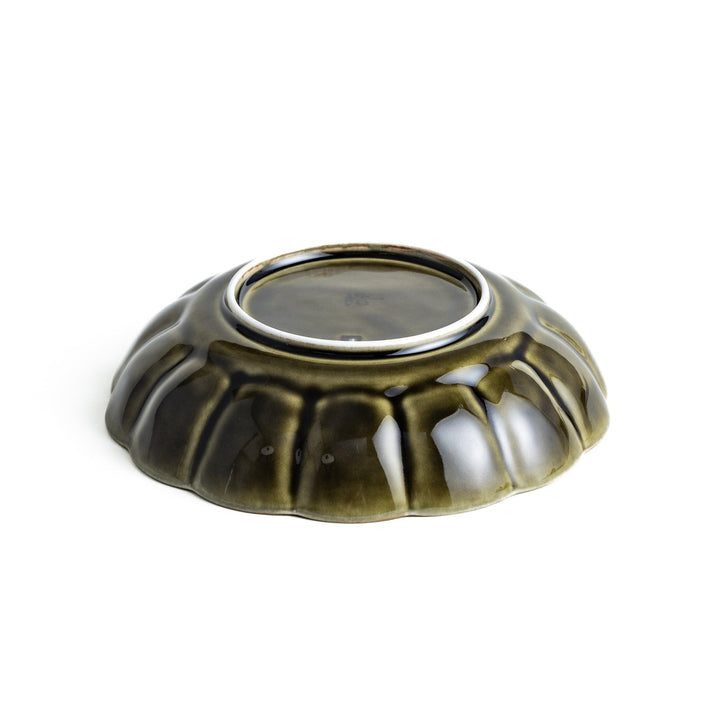 Cereal bowl with scalloped edges and a glossy dark brown or olive finish.