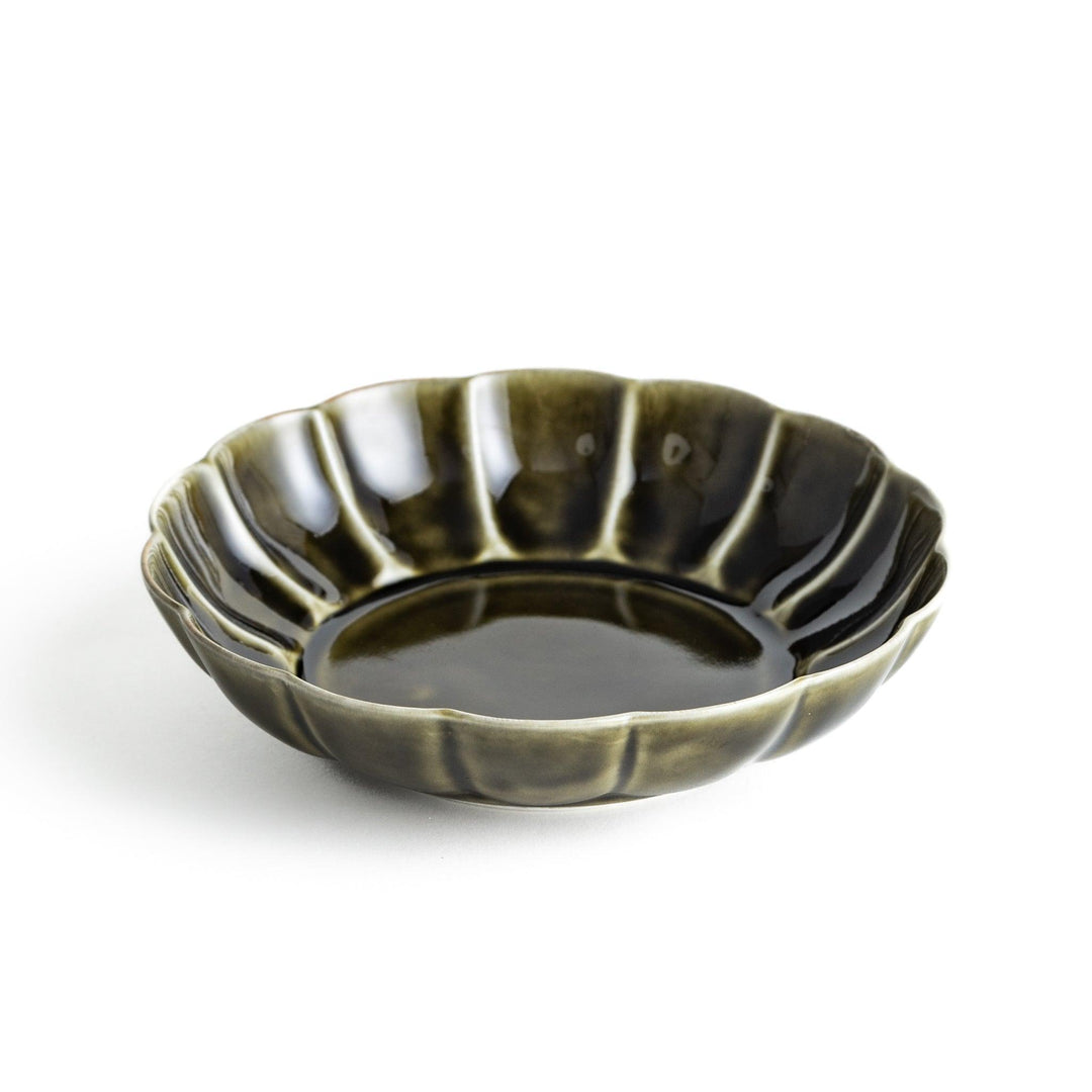 Cereal bowl with scalloped edges and a glossy dark brown or olive finish.