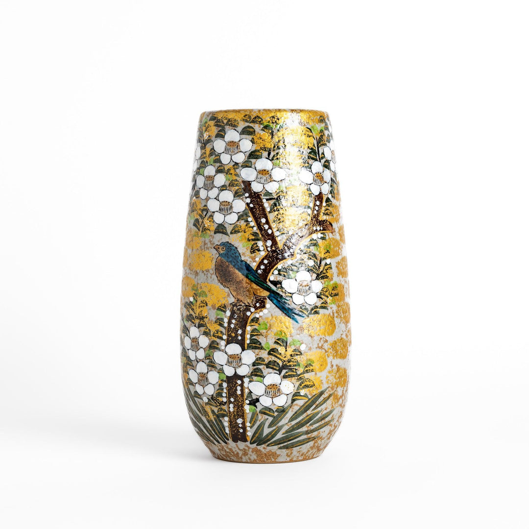 Flower vase with hand painted blooms and perched bird in warm gold and green tones for refined display.