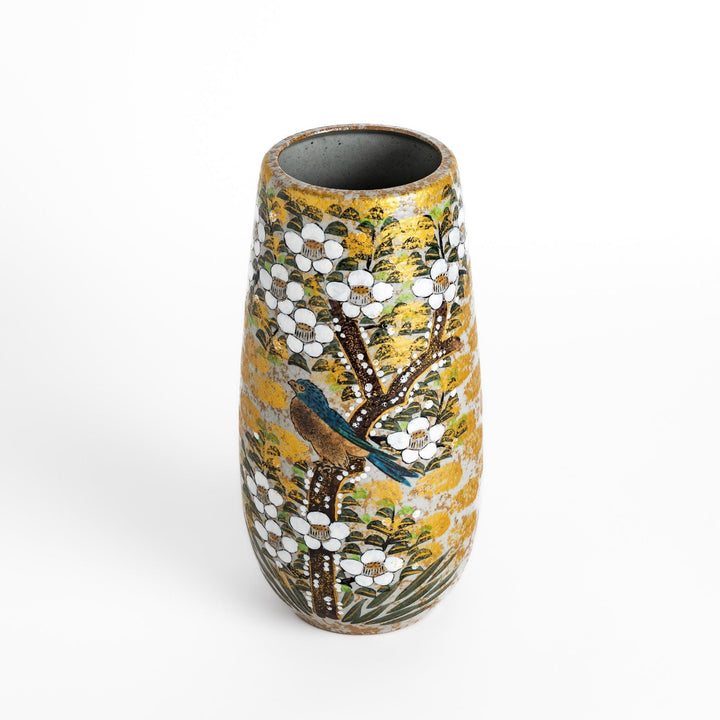 Flower vase with hand painted blooms and perched bird in warm gold and green tones for refined display.