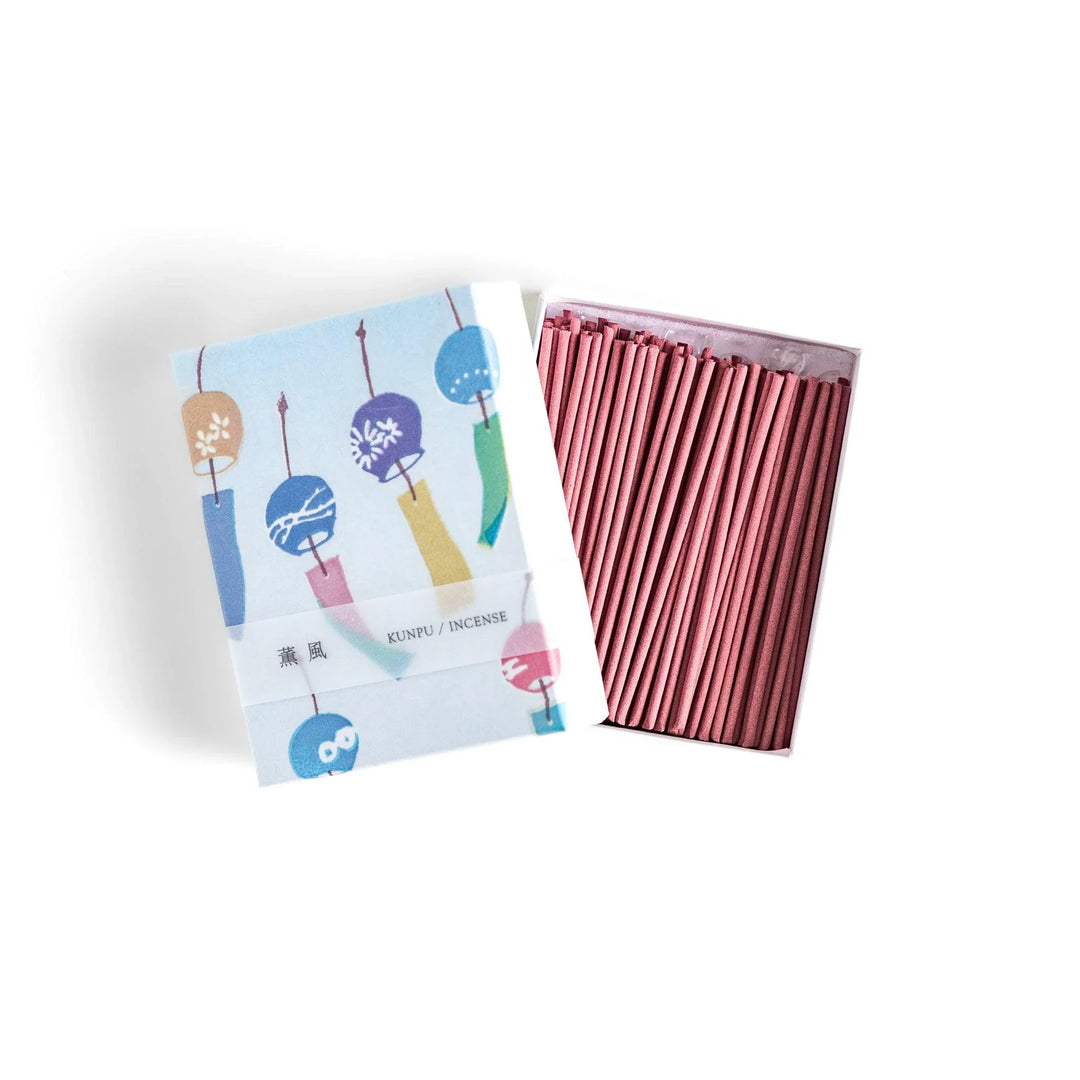 Incense with pink sticks in a wind chime design box evoking a light refreshing fragrance of a gentle summer breeze.