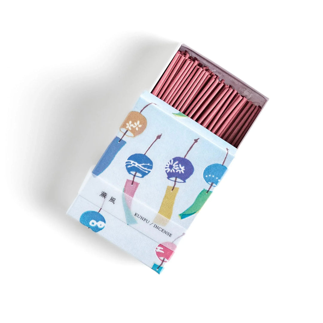 Incense with pink sticks in a wind chime design box evoking a light refreshing fragrance of a gentle summer breeze.