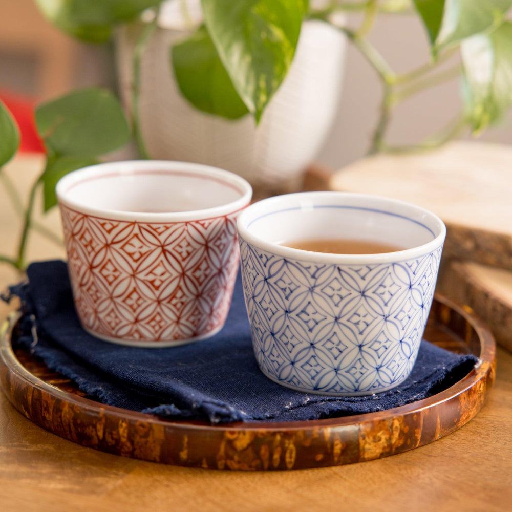 Beautiful red and blue patterned bowls perfect for rice or snacks adding color to modern dining.