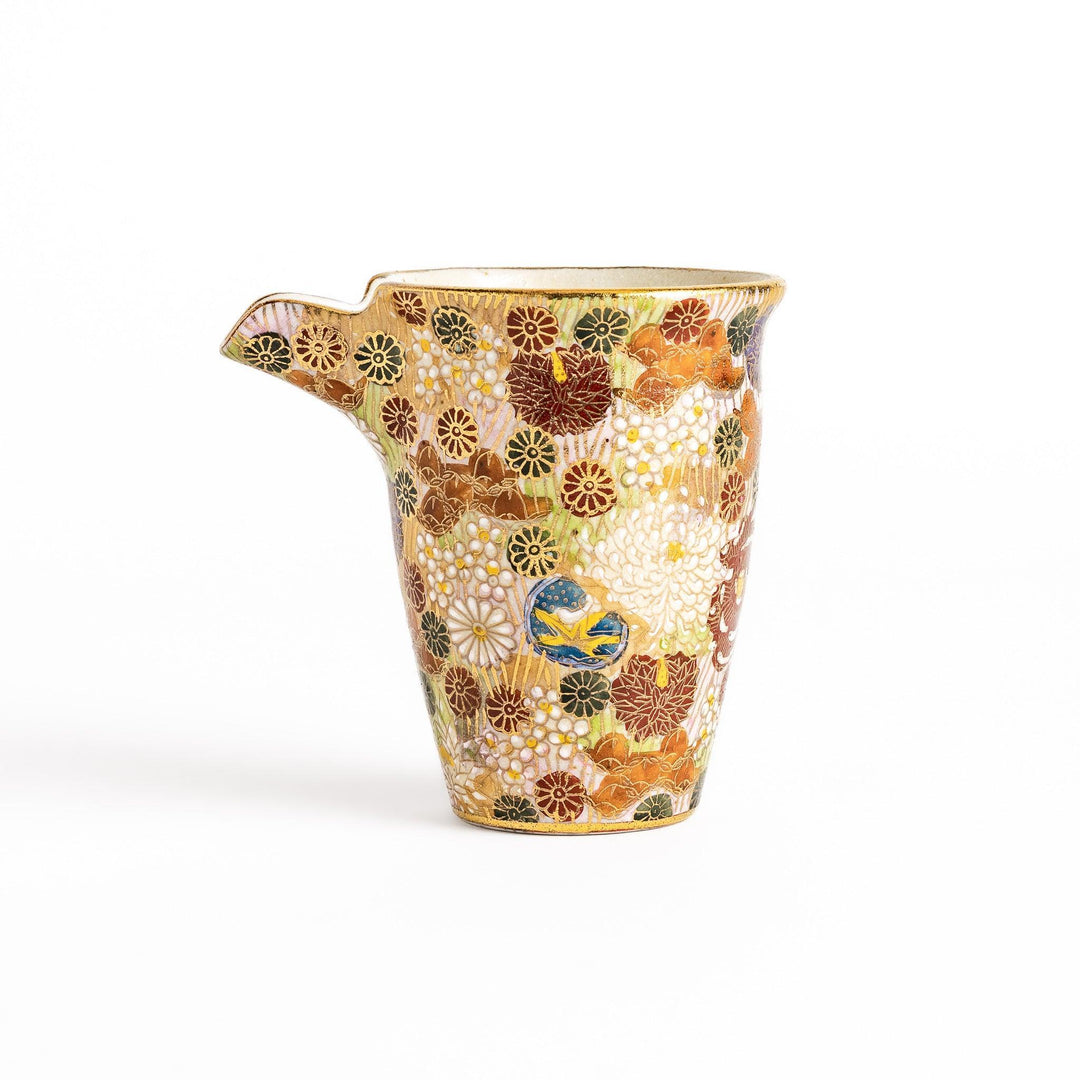 Elegant ceramic sake carafe with gold and pastel floral pattern adding sophistication to sake serving.