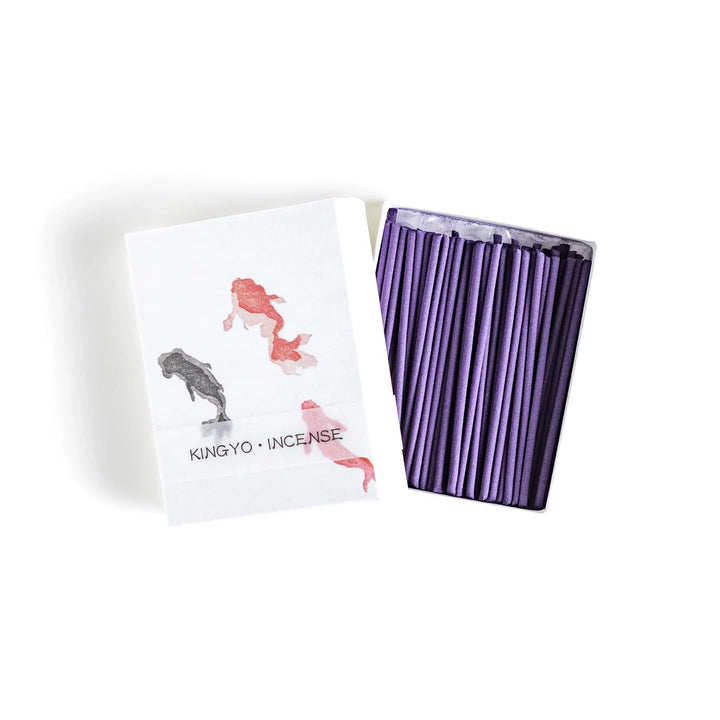Incense with deep purple sticks in a goldfish design box offering a tranquil refreshing fragrance inspired by summer.