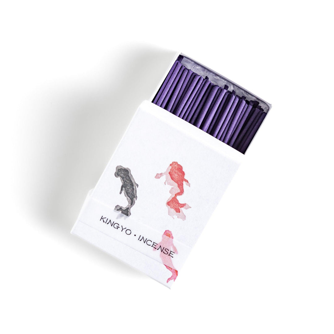 Incense with deep purple sticks in a goldfish design box offering a tranquil refreshing fragrance inspired by summer.