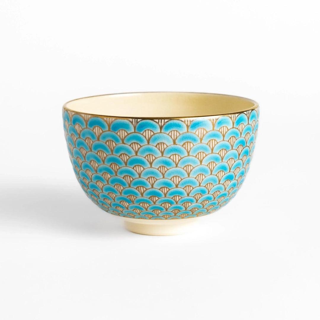 Golden Wave matcha bowl with blue and gold fan pattern and smooth interior perfect for serving matcha in style.