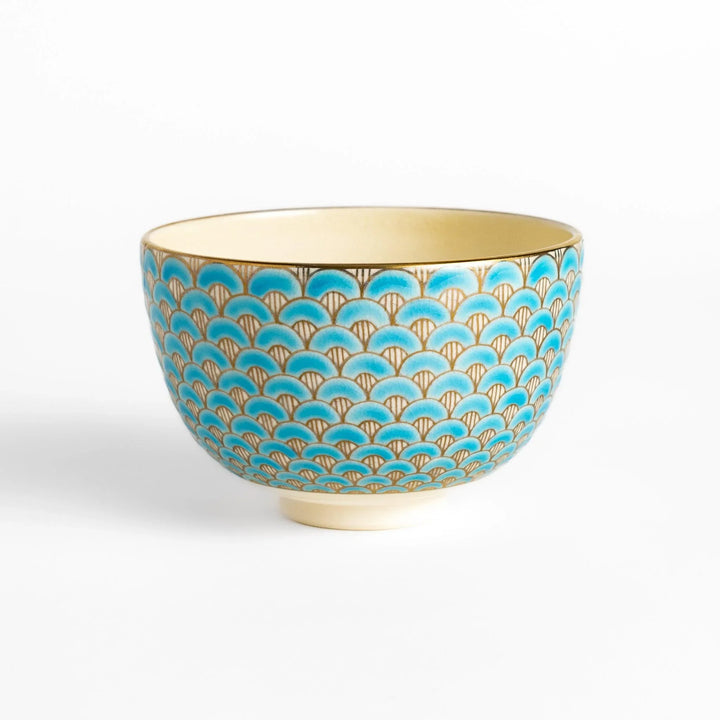 Golden Wave matcha bowl with blue and gold fan pattern and smooth interior perfect for serving matcha in style.