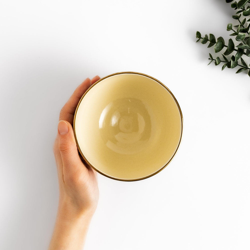 Golden Wave matcha bowl with blue and gold fan pattern and smooth interior perfect for serving matcha in style.