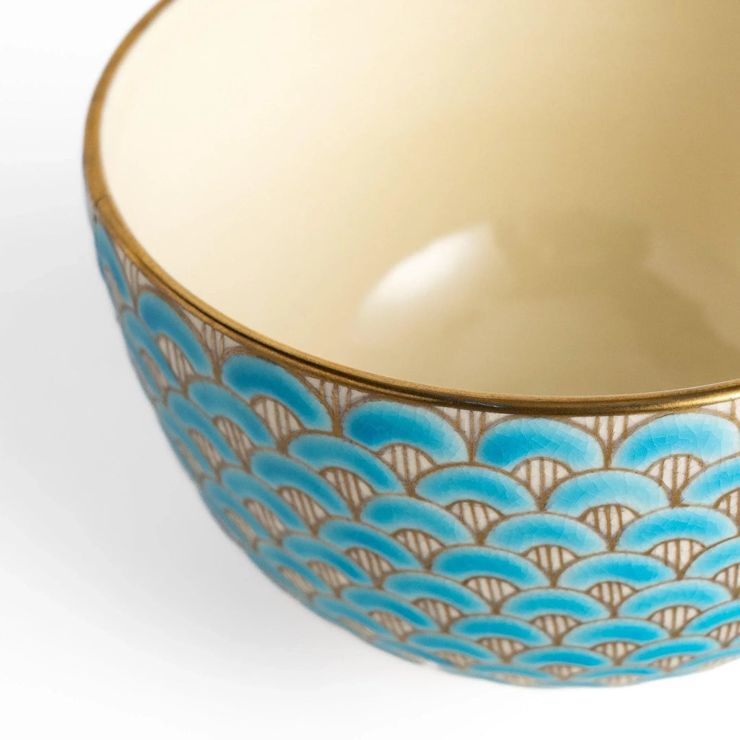 Golden Wave matcha bowl with blue and gold fan pattern and smooth interior perfect for serving matcha in style.