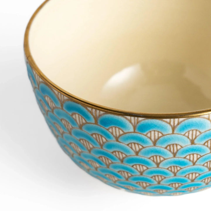 Golden Wave matcha bowl with blue and gold fan pattern and smooth interior perfect for serving matcha in style.