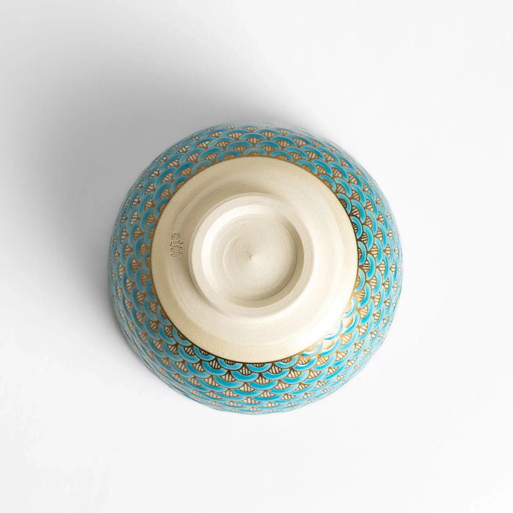 Golden Wave matcha bowl with blue and gold fan pattern and smooth interior perfect for serving matcha in style.