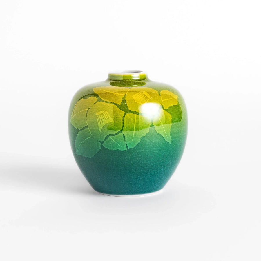 Flower Vase featuring a gradient green design with delicate camellia blossoms, perfect for elegant floral displays.
