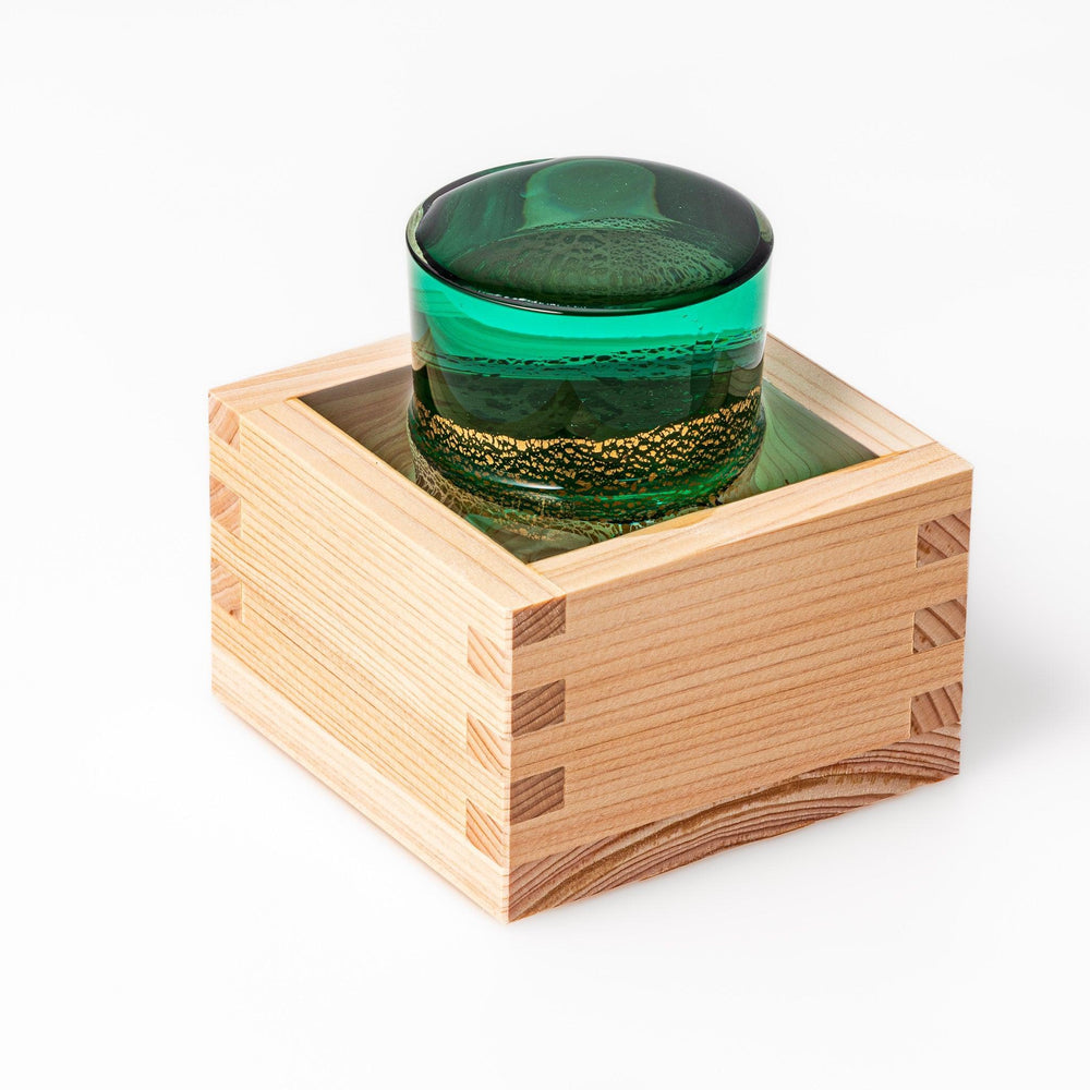 Hinoki wood masu sake cup with visible joinery, offering a natural aroma for sake or condiments.