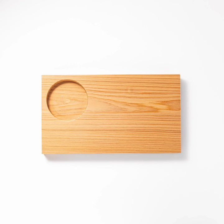 Rectangular hinoki wood sushi plate with circular well for ceramic dish, showcasing natural grain and smooth finish