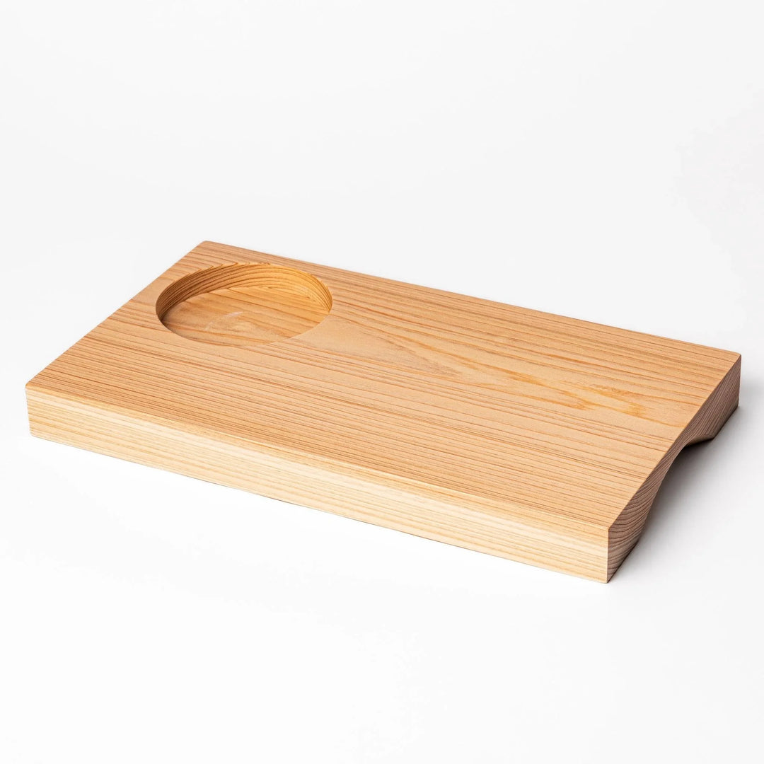 Rectangular hinoki wood sushi plate with circular well for ceramic dish, showcasing natural grain and smooth finish