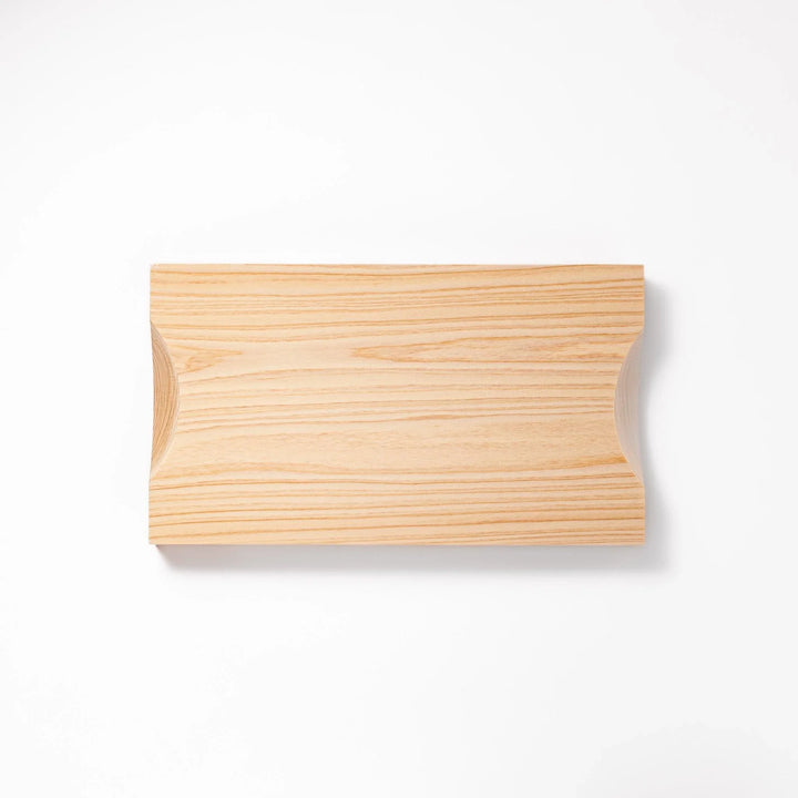 Rectangular hinoki wood sushi plate with circular well for ceramic dish, showcasing natural grain and smooth finish