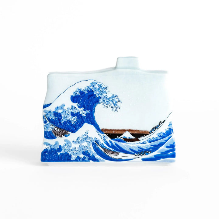 Flower Vase featuring Hokusai's iconic Great Wave design, beautifully detailed in blue and white for a striking display.