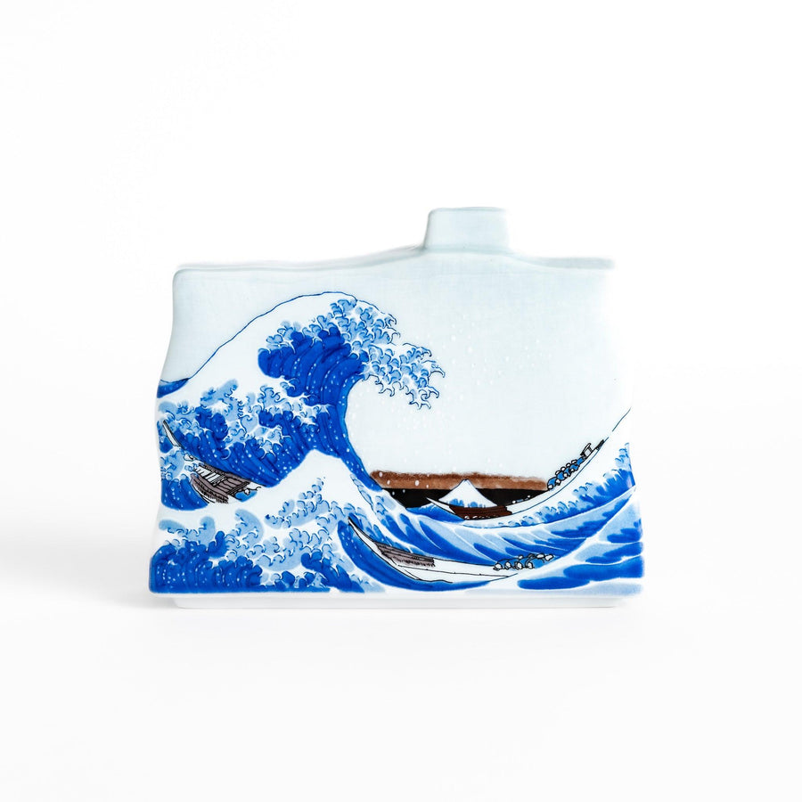 Flower Vase featuring Hokusai's iconic Great Wave design, beautifully detailed in blue and white for a striking display.