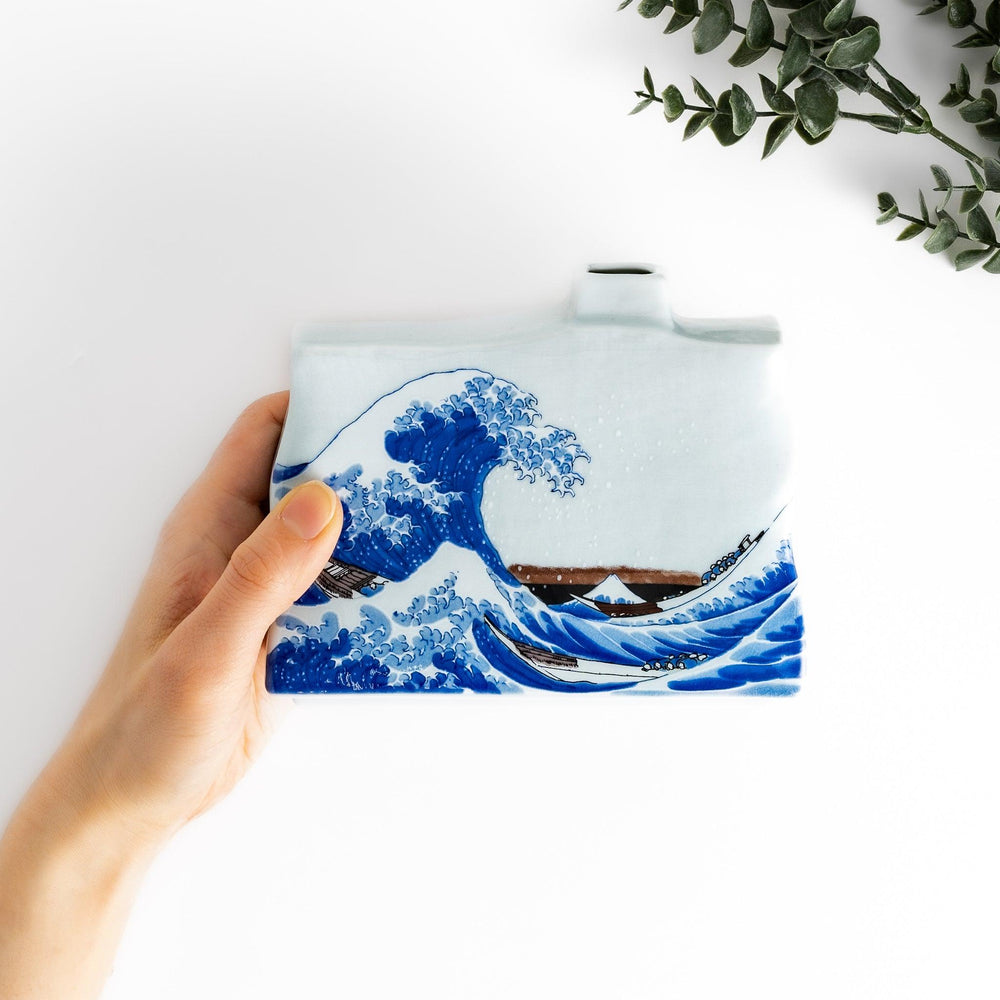 Flower Vase featuring Hokusai's iconic Great Wave design, beautifully detailed in blue and white for a striking display.