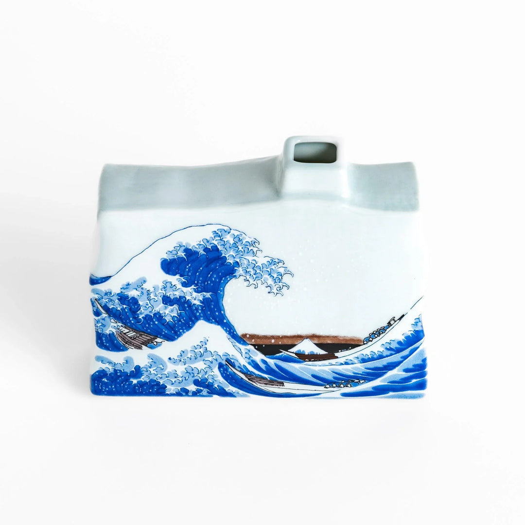 Flower Vase featuring Hokusai's iconic Great Wave design, beautifully detailed in blue and white for a striking display.