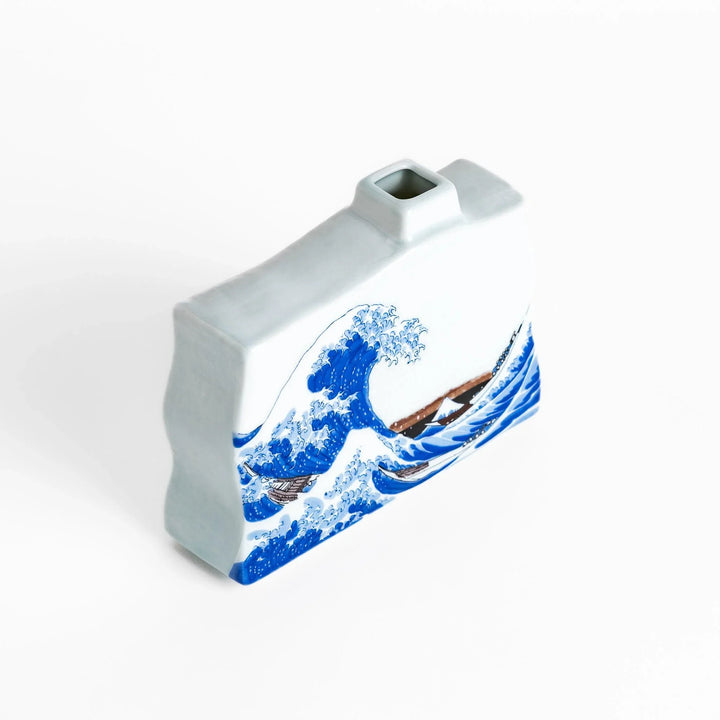 Flower Vase featuring Hokusai's iconic Great Wave design, beautifully detailed in blue and white for a striking display.