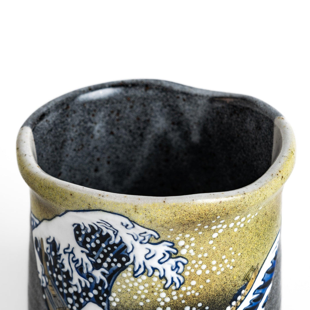 Tea Cups featuring Hokusai's Great Wave design, with vibrant blue waves and a golden gradient background.