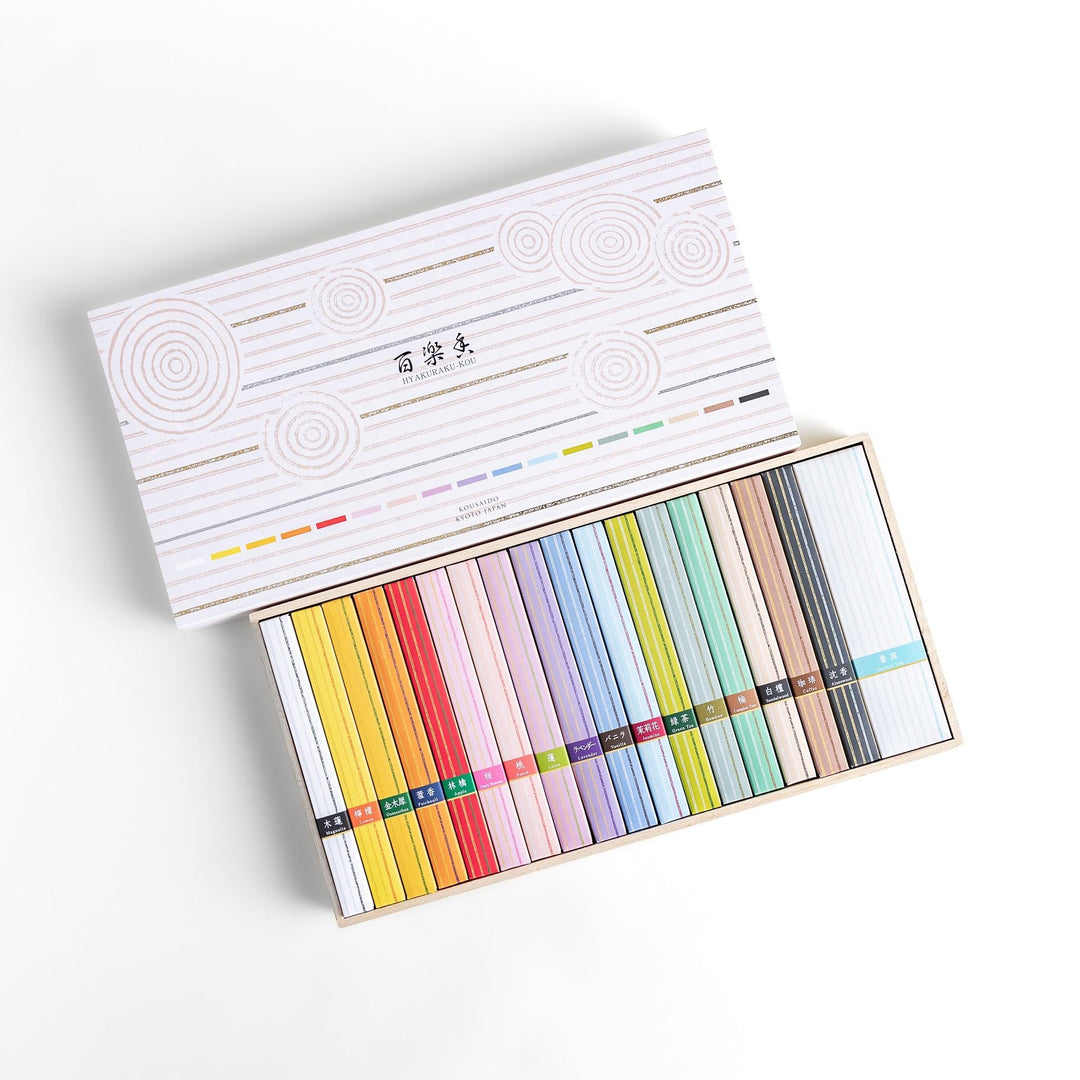 Japanese incense assortment set with 17 colorful fragrances neatly arranged in a wooden box from Kyoto’s Kousaido