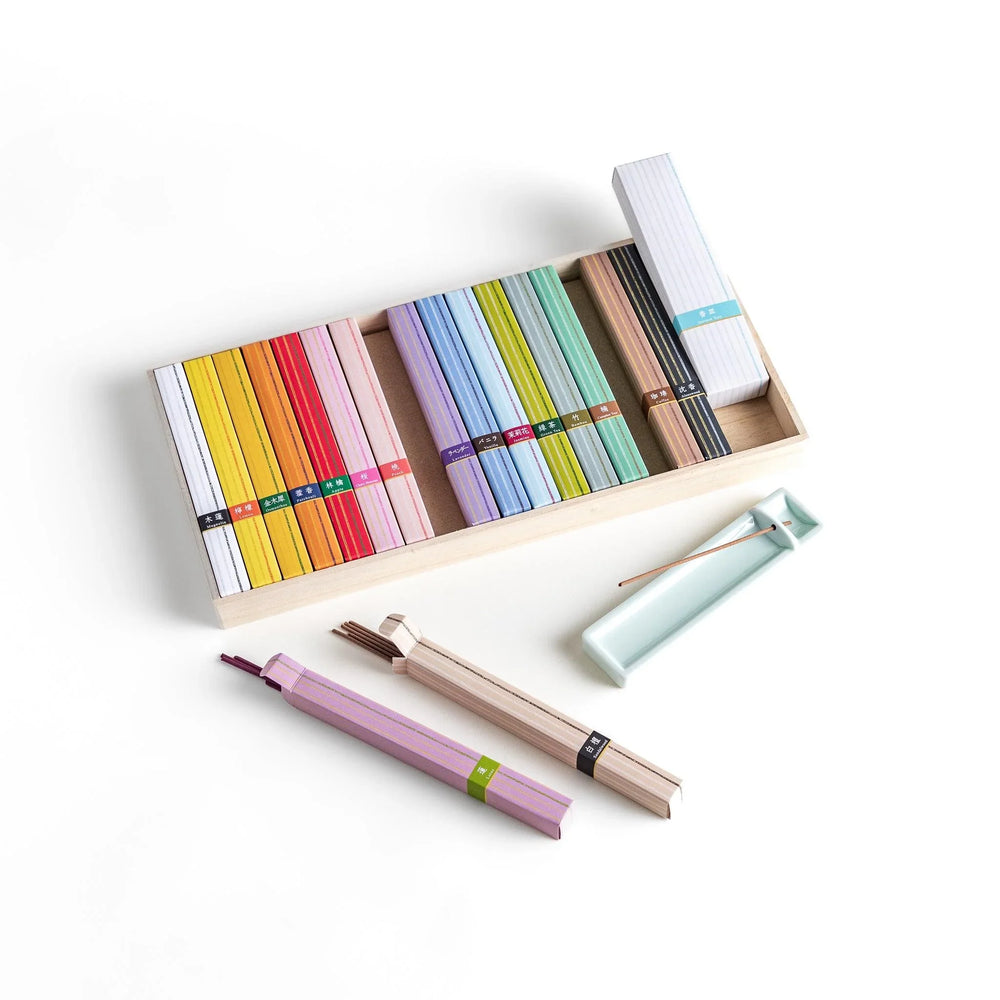 Japanese incense assortment set with 17 colorful fragrances neatly arranged in a wooden box from Kyoto’s Kousaido
