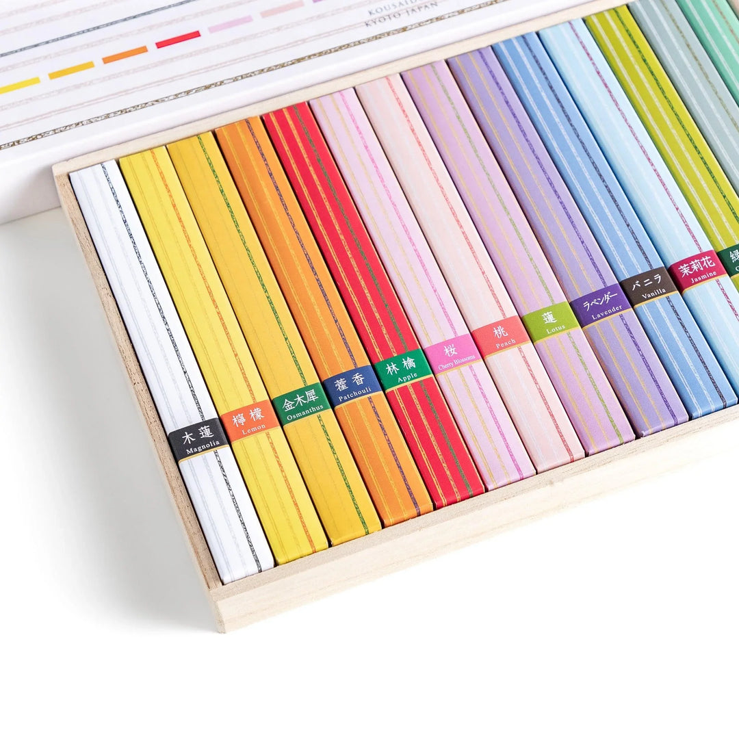 Japanese incense assortment set with 17 colorful fragrances neatly arranged in a wooden box from Kyoto’s Kousaido