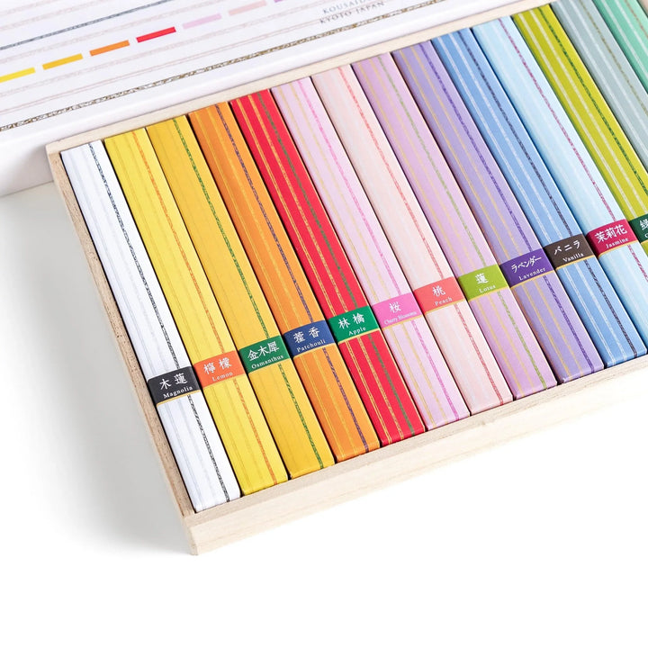 Japanese incense assortment set with 17 colorful fragrances neatly arranged in a wooden box from Kyoto’s Kousaido