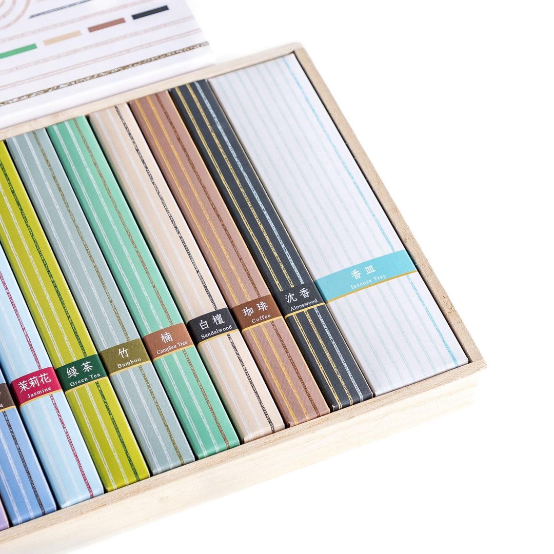 Japanese incense assortment set with 17 colorful fragrances neatly arranged in a wooden box from Kyoto’s Kousaido