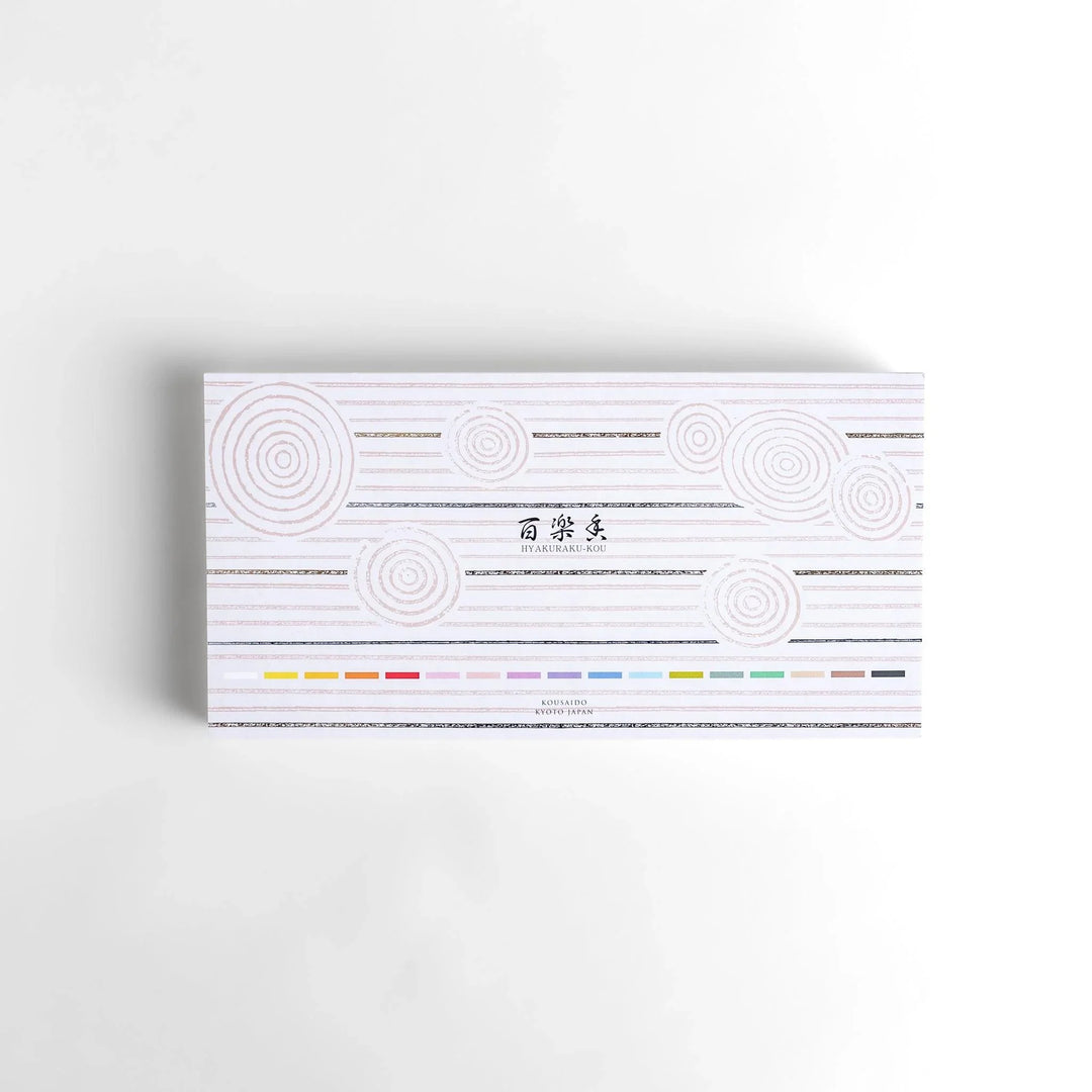 Japanese incense assortment set with 17 colorful fragrances neatly arranged in a wooden box from Kyoto’s Kousaido