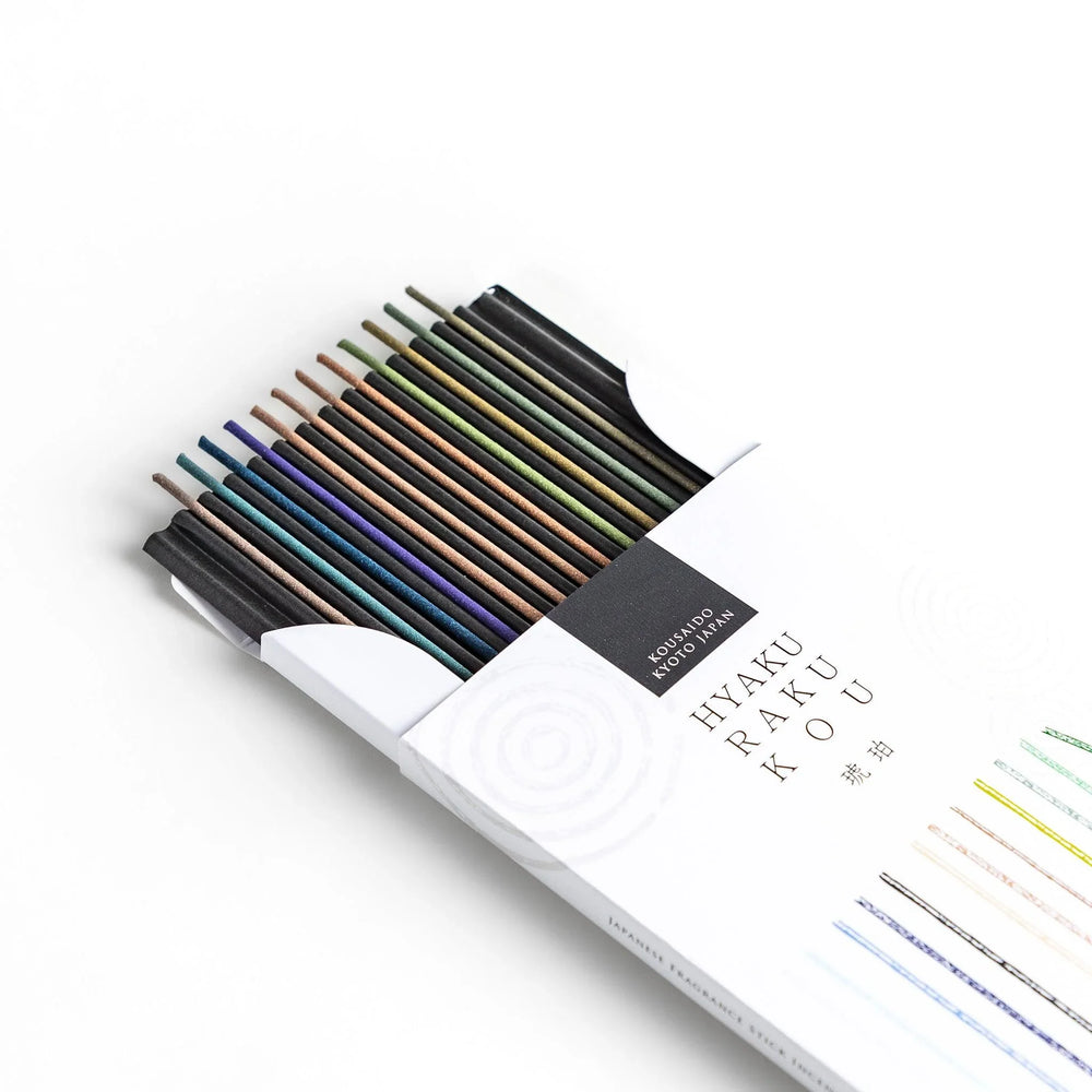 Japanese Hyakurakukou amber incense set by Kousaido Kyoto featuring assorted colored sticks in elegant white box.