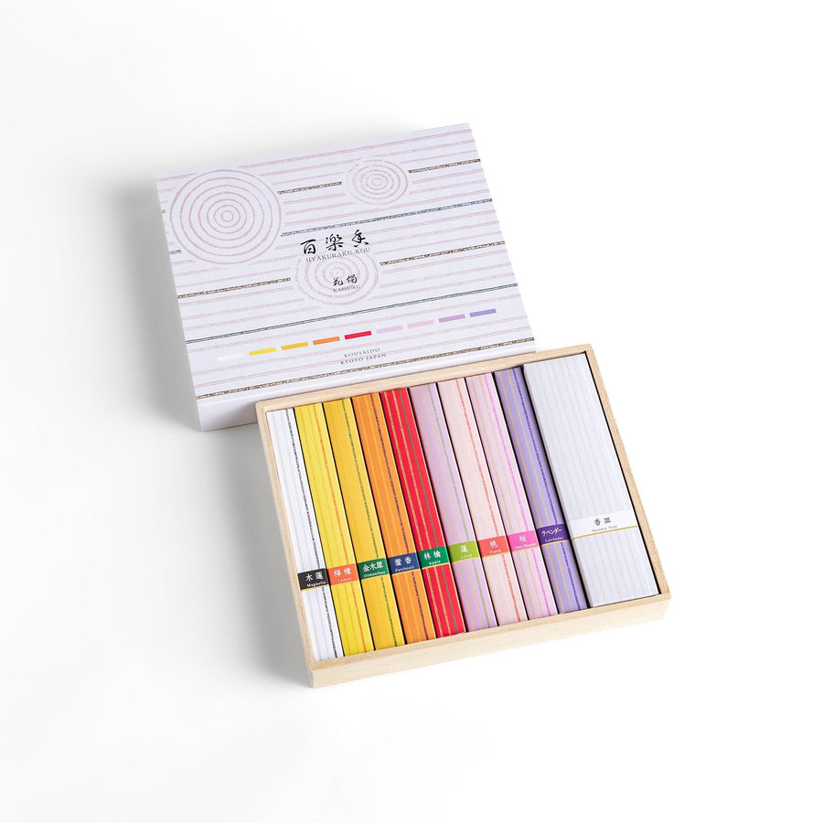 Japanese incense assortment set from Kyoto featuring colorful sticks in floral scents beautifully arranged in a wooden box.