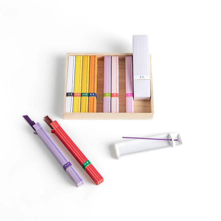 Japanese incense assortment set from Kyoto featuring colorful sticks in floral scents beautifully arranged in a wooden box.
