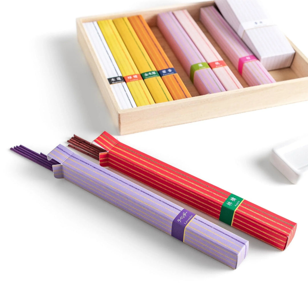 Japanese incense assortment set from Kyoto featuring colorful sticks in floral scents beautifully arranged in a wooden box.