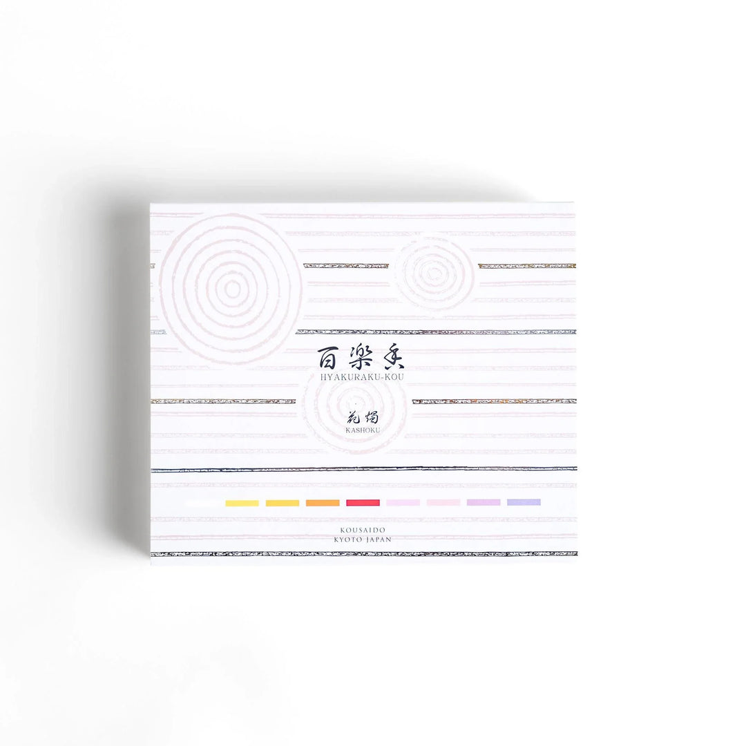 Japanese incense assortment set from Kyoto featuring colorful sticks in floral scents beautifully arranged in a wooden box.