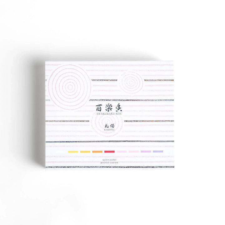 Japanese incense assortment set from Kyoto featuring colorful sticks in floral scents beautifully arranged in a wooden box.