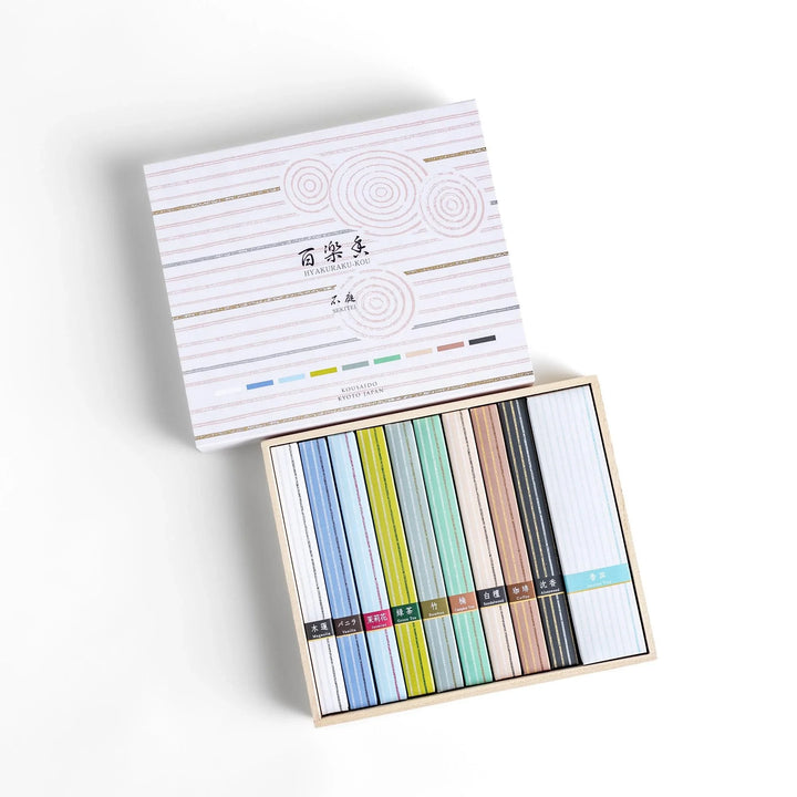Japanese incense set with delicate fragrances in an elegant minimalist box perfect for relaxation and rituals.