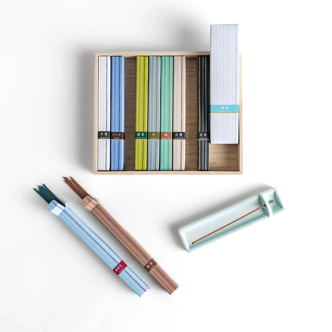 Japanese incense set with delicate fragrances in an elegant minimalist box perfect for relaxation and rituals.