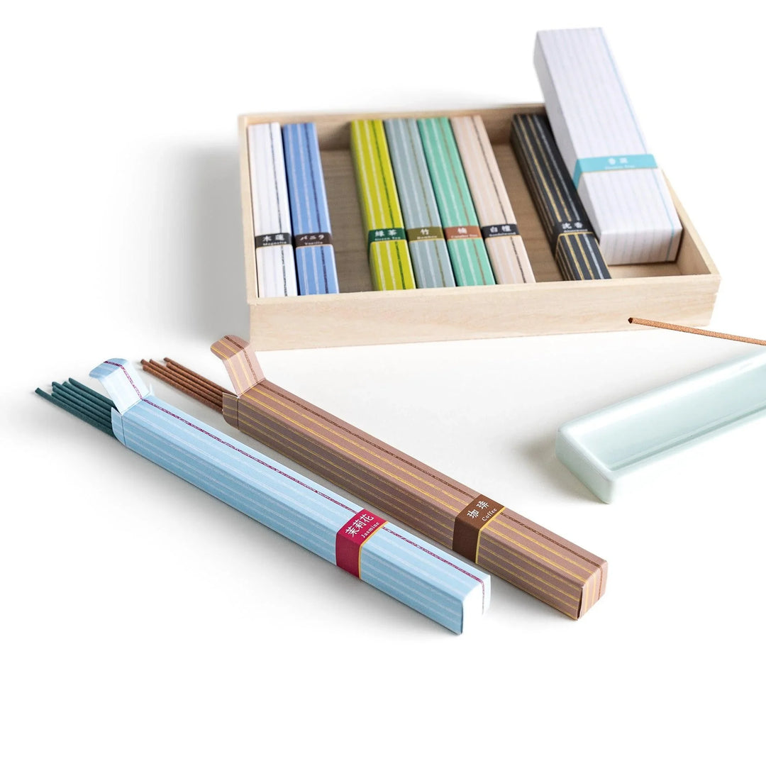 Japanese incense set with delicate fragrances in an elegant minimalist box perfect for relaxation and rituals.