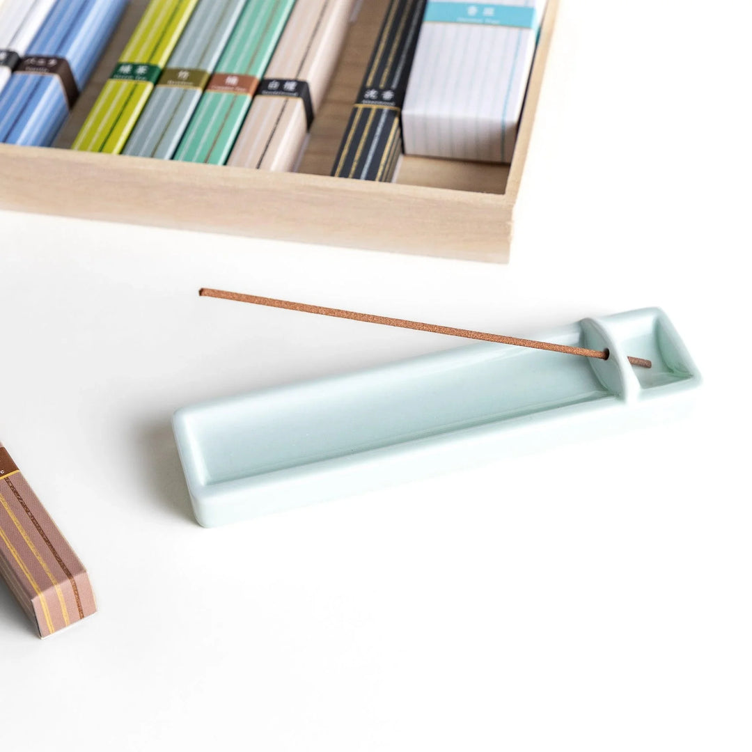 Japanese incense set with delicate fragrances in an elegant minimalist box perfect for relaxation and rituals.