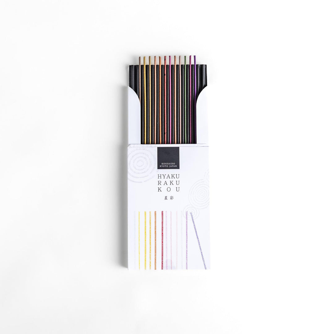 Japanese incense stick set from Kyoto with assorted colors and scents in a white Hyakurakukou box for gifting and relaxation.