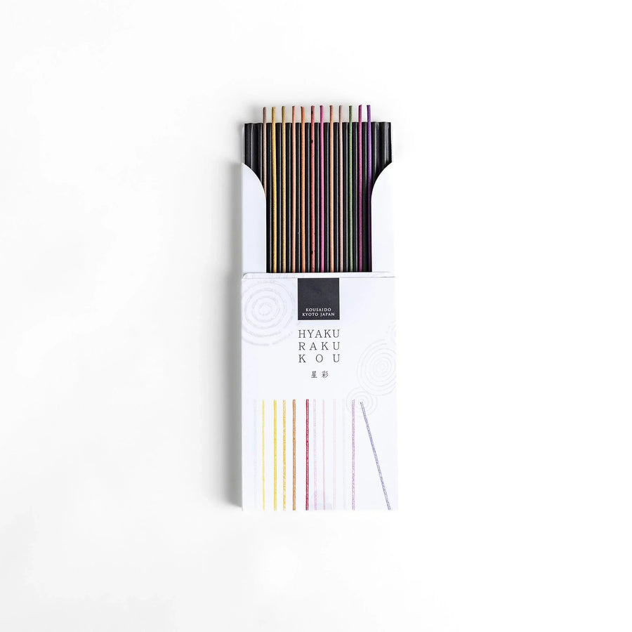 Japanese incense stick set from Kyoto with assorted colors and scents in a white Hyakurakukou box for gifting and relaxation.
